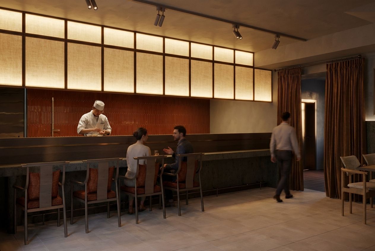 Design rendering of a dining counter with seated guests, a chef working behind it and illuminated wall panels