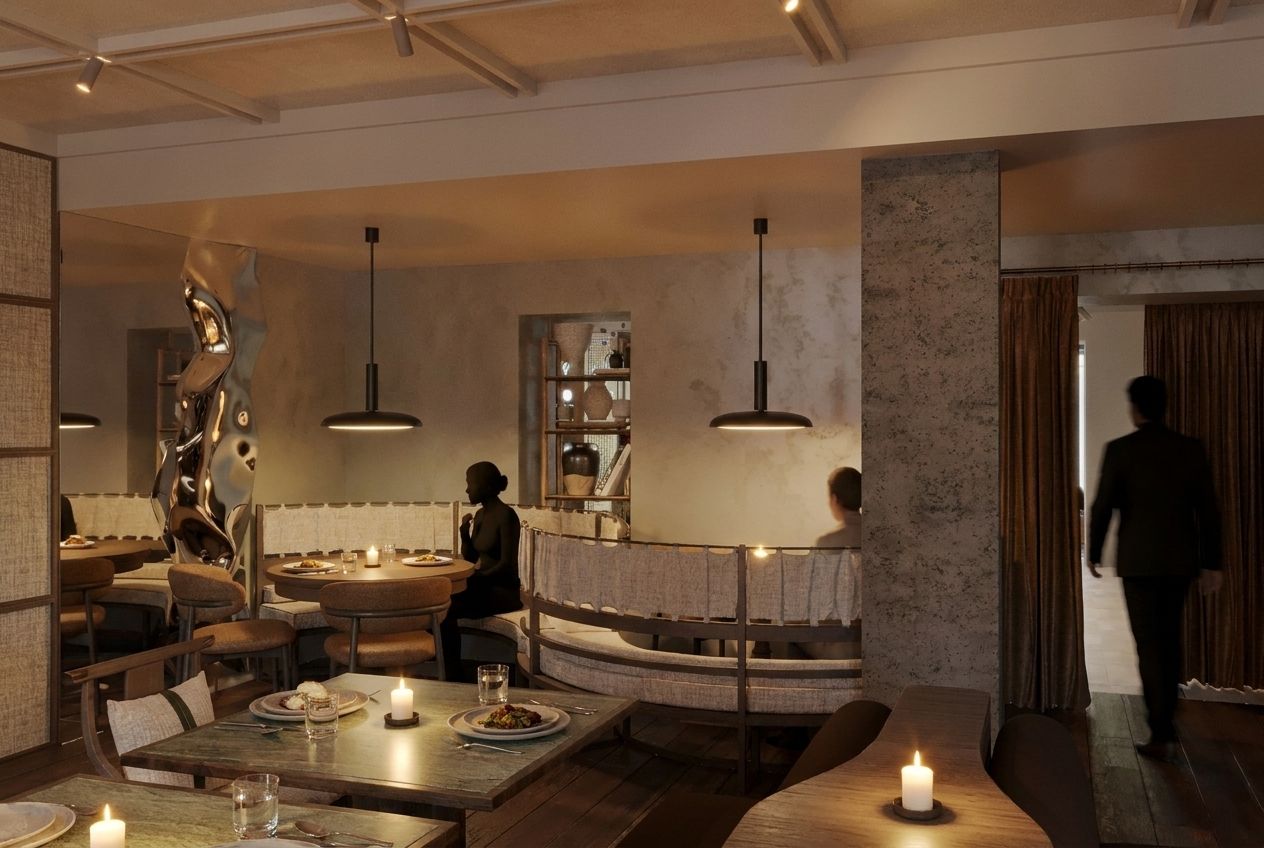 Design rendering of a dining room with curved banquette seating, candlelit tables, pendant lights and a sculptural metallic column