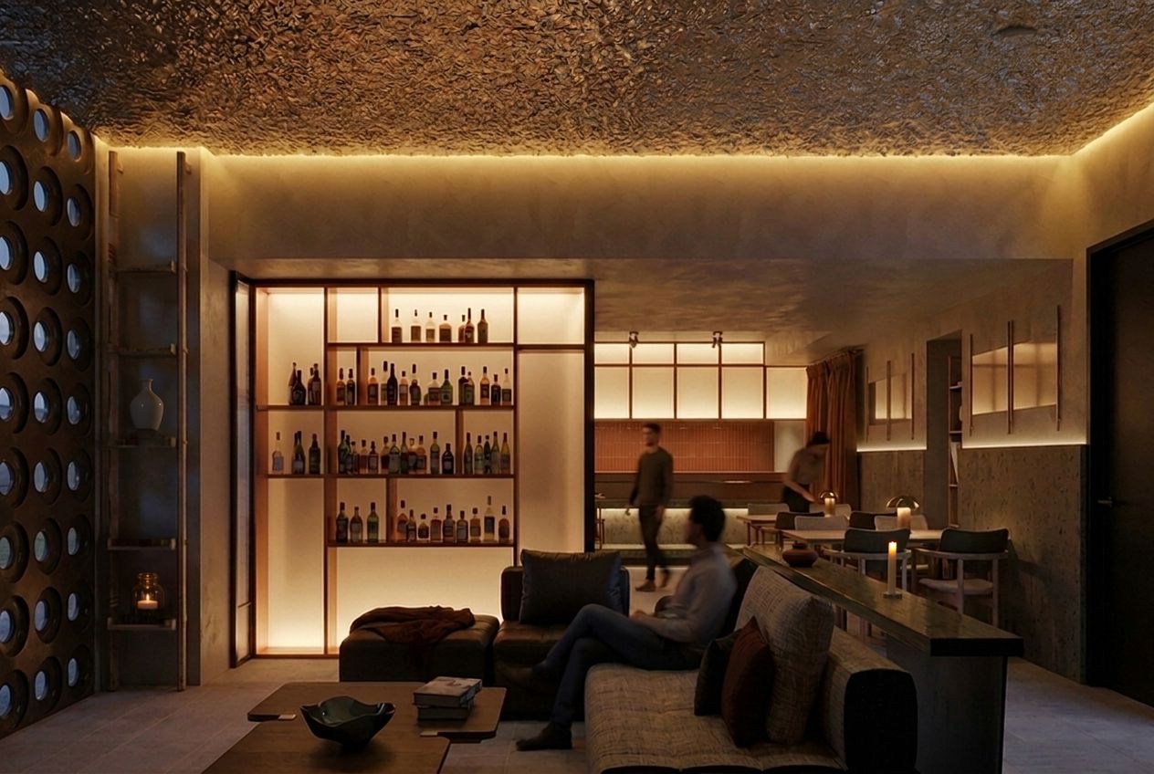 Design rendering of a lounge with sofas, low tables, illuminated bottle shelving and adjoining dining seats